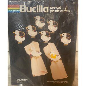 Vintage BUCILLA 8 Country Geese Napkin Rings 5904 USA Plastic Canvas Farmhouse